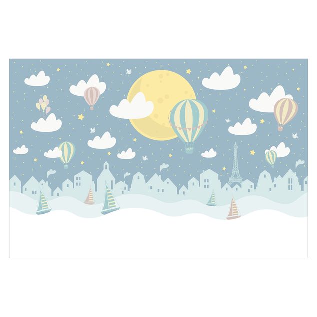 Wandtapete blau Paris mit Sternen und Heißluftballon
