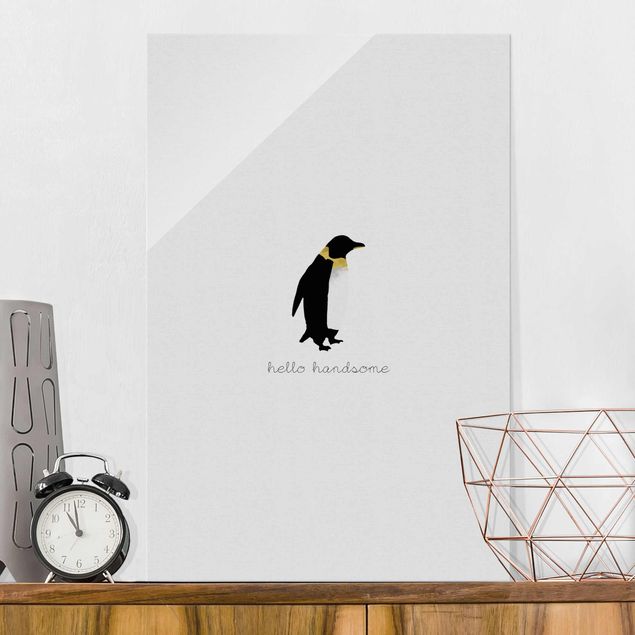Glasbilder Schwarz-Weiß Pinguin Zitat Hello Handsome
