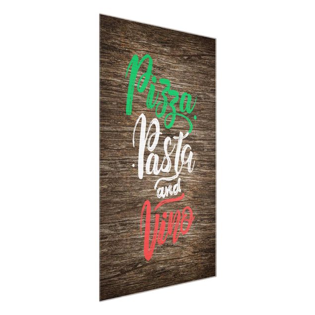 Wandbilder Modern Pizza Pasta and Vino auf Planke