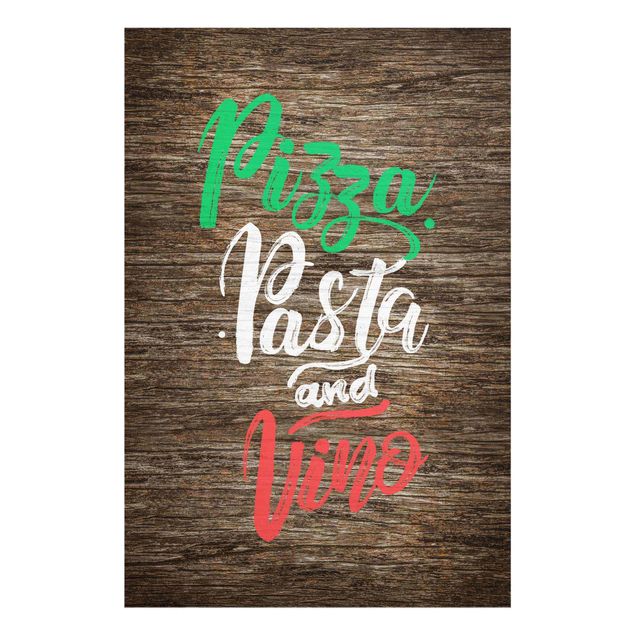 Wandbilder Bunt Pizza Pasta and Vino auf Planke