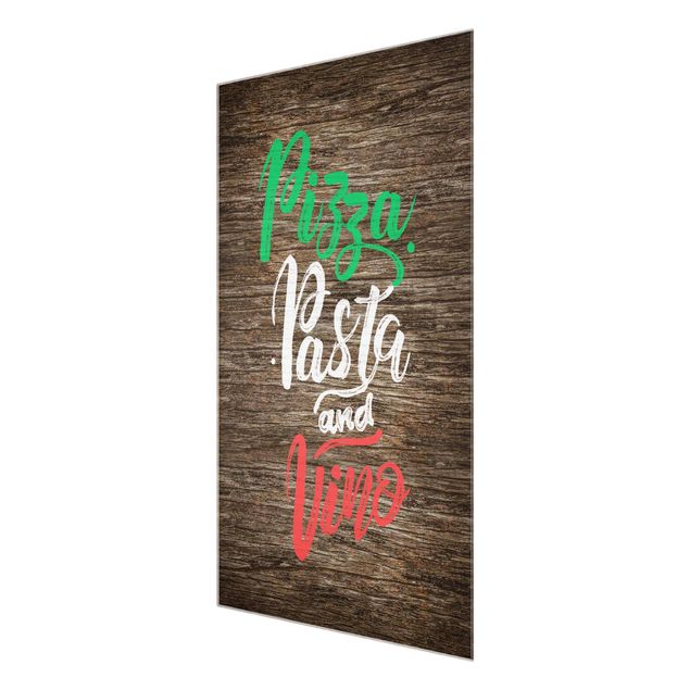 Wandbilder Pizza Pasta and Vino auf Planke