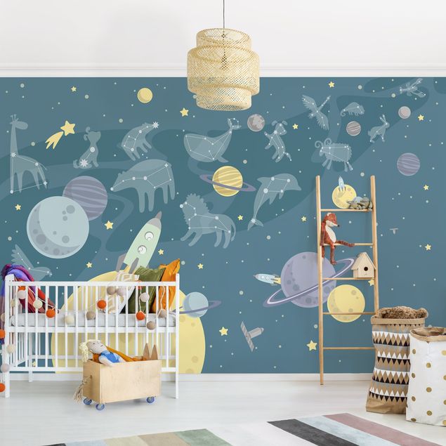 Deko Kinderzimmer Planeten mit Sternzeichen und Raketen