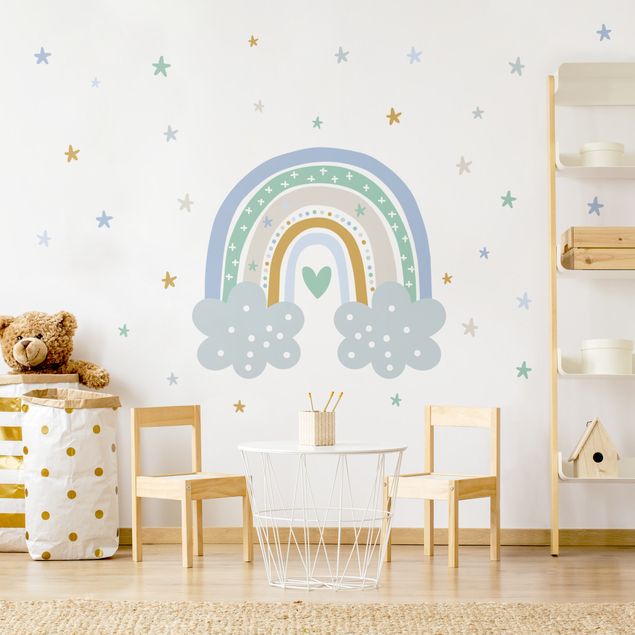 Kinderzimmer Deko Regenbogen mit Wolken Blau Türkis