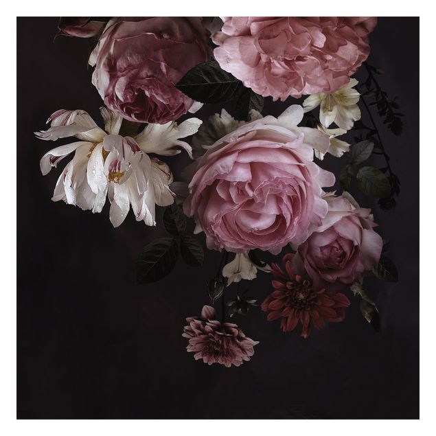 Fototapete rosa Rosa Blumen auf Schwarz Vintage