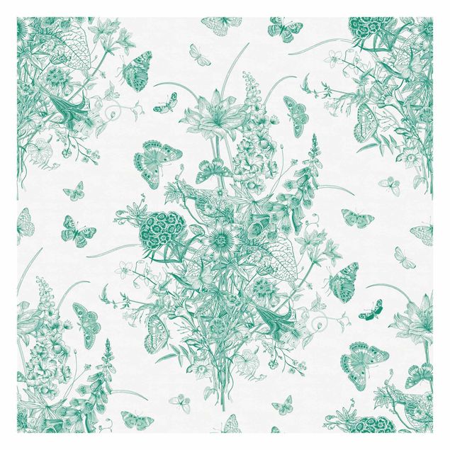 Wandtapete gruen Schmetterlinge um Blumeninsel in Grün