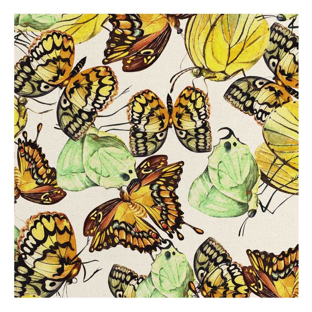 Wandbilder Blumen Schwarm von Gelben Schmetterlingen