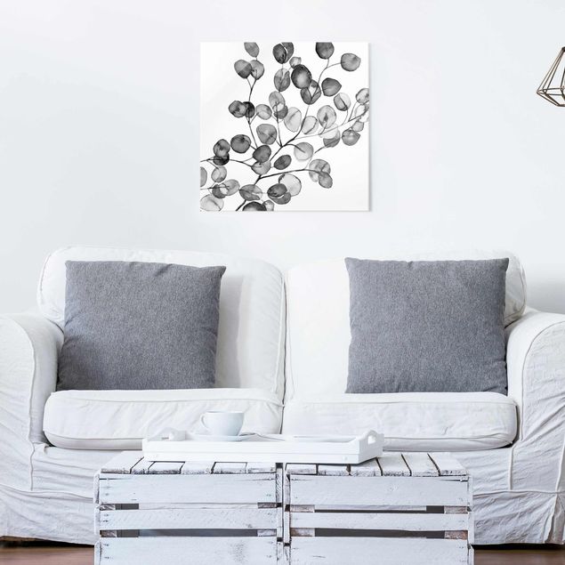 Glasbilder Blumen Motive Schwarz Weiß Aquarell Eukalyptuszweig