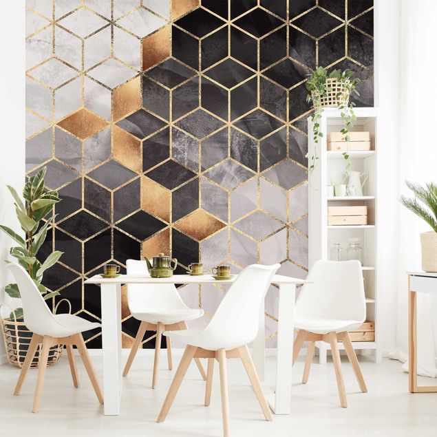 Wanddeko Küche Schwarz Weiß goldene Geometrie