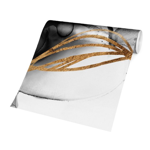 Fototapete - Schwarze Tusche mit goldenen Linien II