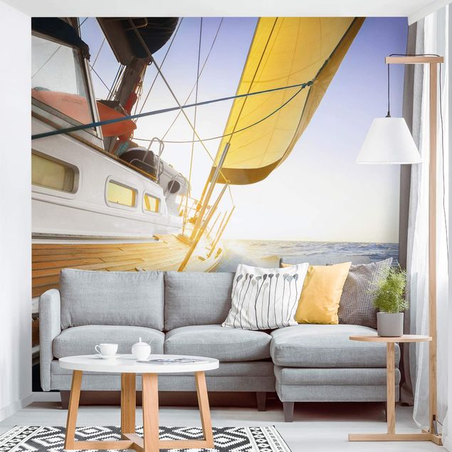 moderne Fototapete Segelboot auf blauem Meer bei Sonnenschein