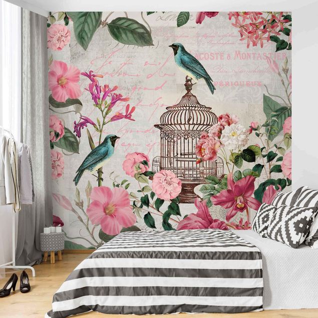 Wanddeko Küche Shabby Chic Collage - Rosa Blüten und blaue Vögel