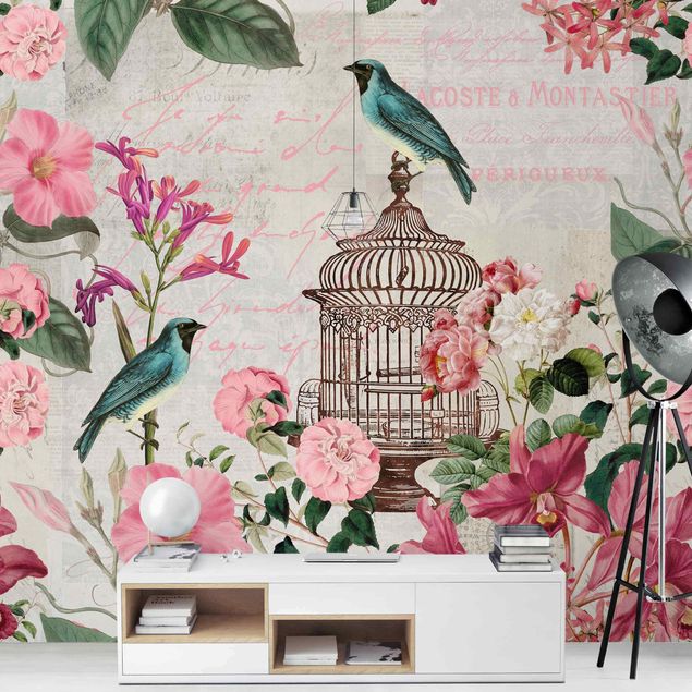 moderne Fototapete Shabby Chic Collage - Rosa Blüten und blaue Vögel