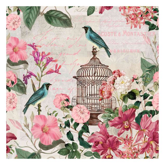 Wandtapete rosa Shabby Chic Collage - Rosa Blüten und blaue Vögel