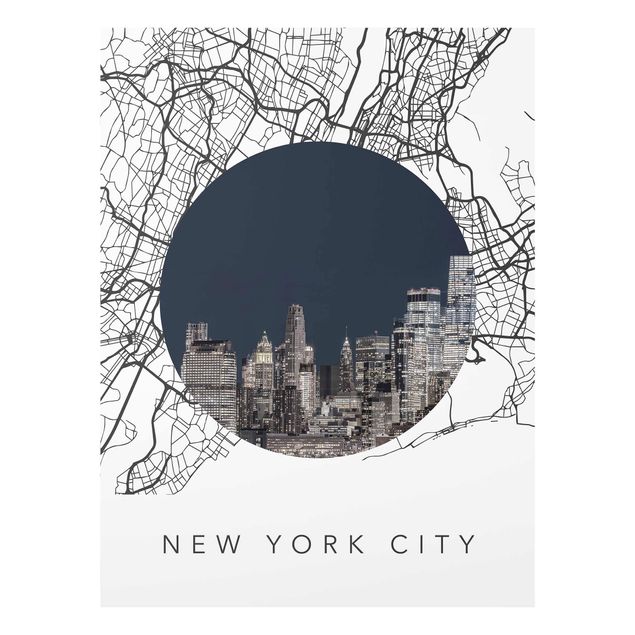 Glasbild Stadt Stadtplan Collage New York City