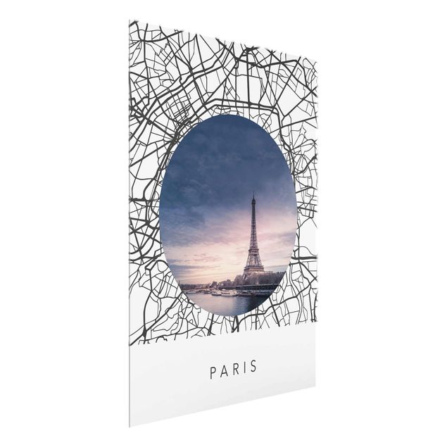 schwarz weiß Glasbilder Stadtplan Collage Paris