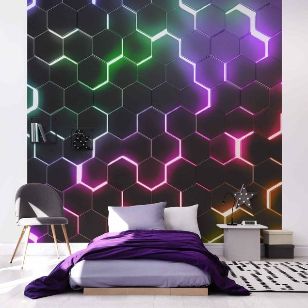 3D Fototapete Strukturierte Hexagone mit Neonlicht