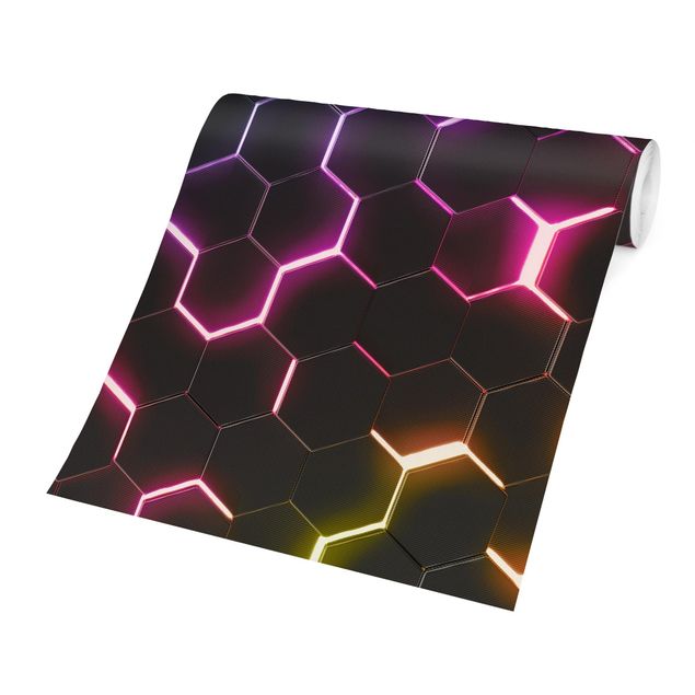 Tapeten Modern Strukturierte Hexagone mit Neonlicht