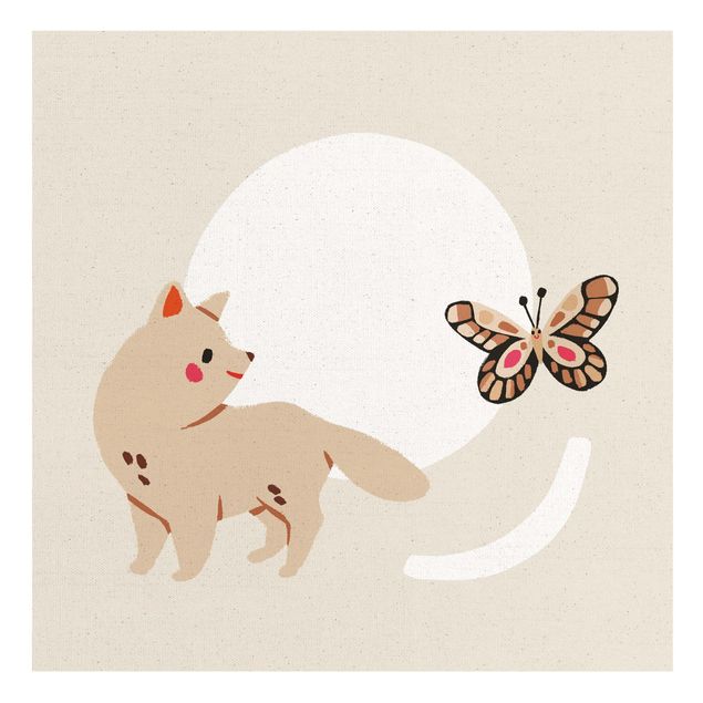 Wandbilder Schmetterlinge Süße Tierillustration - Katze und Schmetterling