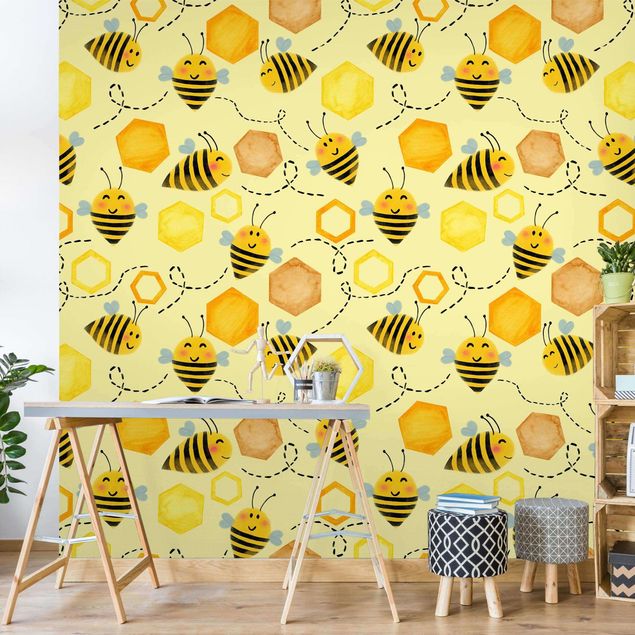 Mustertapeten Süßer Honig mit Bienen Illustration