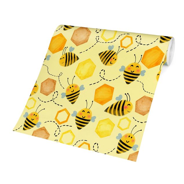 Fototapete gelb Süßer Honig mit Bienen Illustration