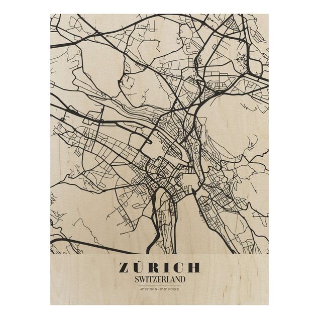 Holzbilder Sprüche Stadtplan Zürich - Klassik