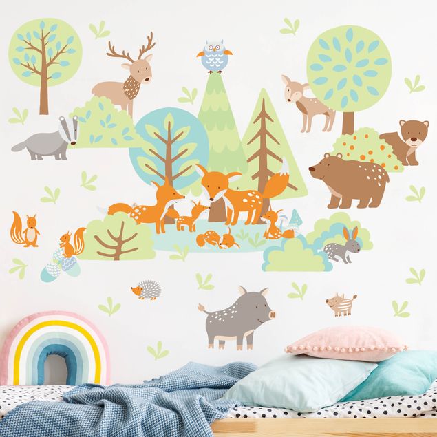 Deko Kinderzimmer Tierfamilien Mega-Set mit Füchsen und Bäumen