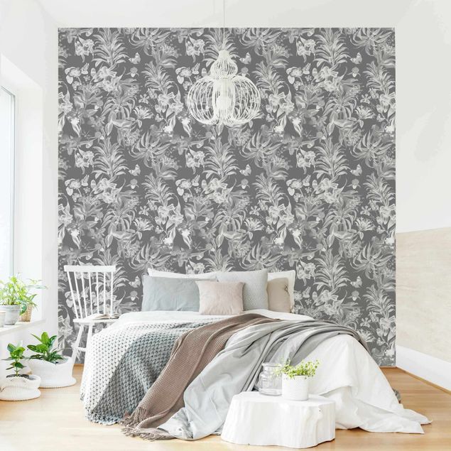 Wanddeko Küche Tropische Blumen vor Grau