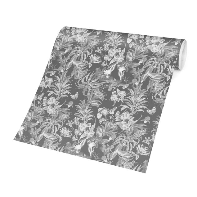 Wandtapete grau Tropische Blumen vor Grau