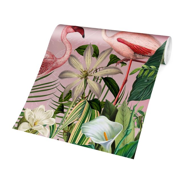 moderne Fototapete Tropische Flamingos mit Pflanzen in Rosa
