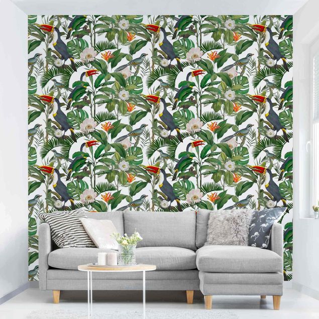 Wanddeko Küche Tropischer Tukan mit Monstera und Palmenblättern