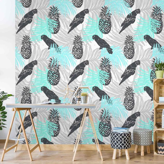 moderne Fototapete Tropisches Muster mit Ananas und Papageien Türkis