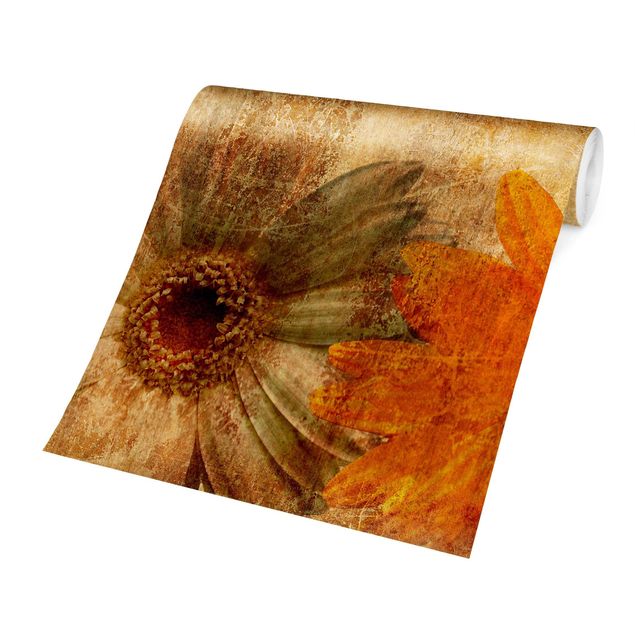 Wandtapete orange Vintage Flowermix