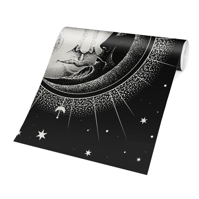 Fototapete Schwarz-Weiß Vintage Sonne und Mond Illustration