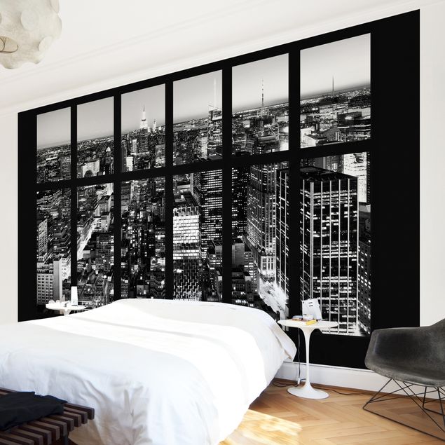 Fototapete modern Fensterblick Manhattan Skyline schwarz-weiß