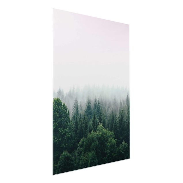 Glasbilder Landschaften Wald im Nebel Dämmerung