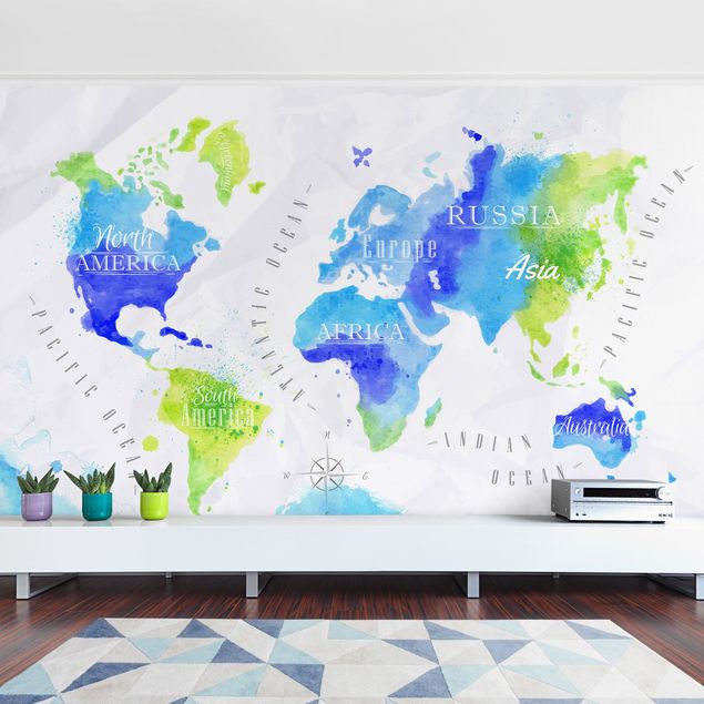 Tapete Weltkarte Weltkarte Aquarell blau grün