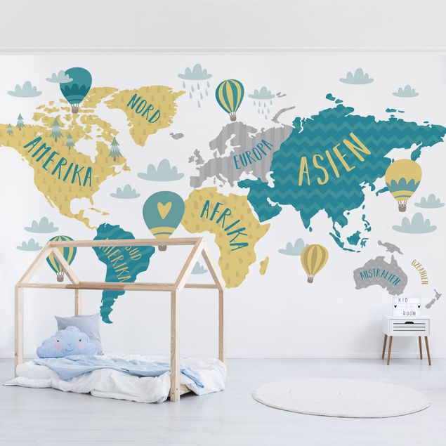 Fototapete Weltkarte Weltkarte mit Heißluftballon