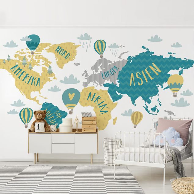 Fototapete Weltkarte mit Heißluftballon