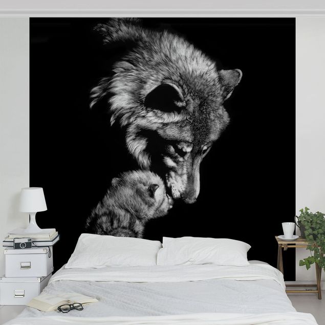 Schwarz-Weiß Tapete Wolf vor Schwarz