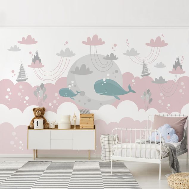 Kinderzimmer Deko Wolken mit Wal und Schloss Rosa