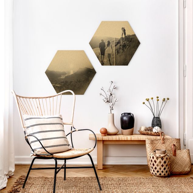 Wandbilder Modern 2-teiliges Hexagon Bild Alu-Dibond gebürstet Gold selbst gestalten