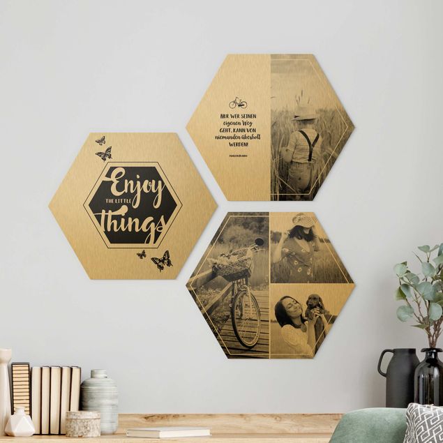 Deko Kinderzimmer 3-teiliges Hexagon Bild Alu-Dibond gebürstet Gold selbst gestalten