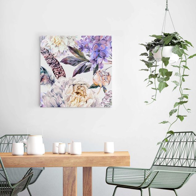 Wanddeko Küche Zartes Aquarell Boho Blüten und Federn Muster