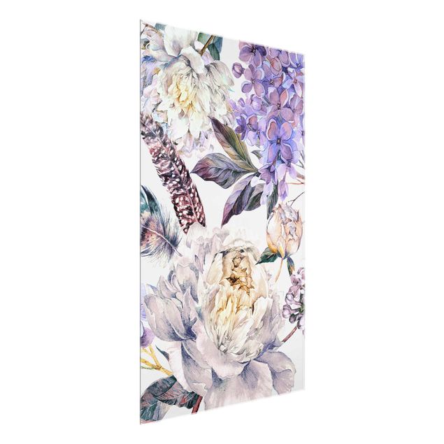 Wandbilder Floral Zartes Aquarell Boho Blüten und Federn Muster