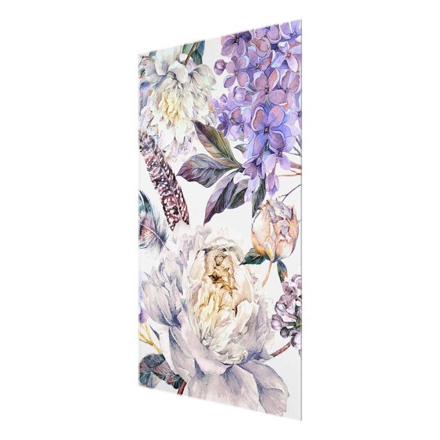 Wandbilder Zartes Aquarell Boho Blüten und Federn Muster