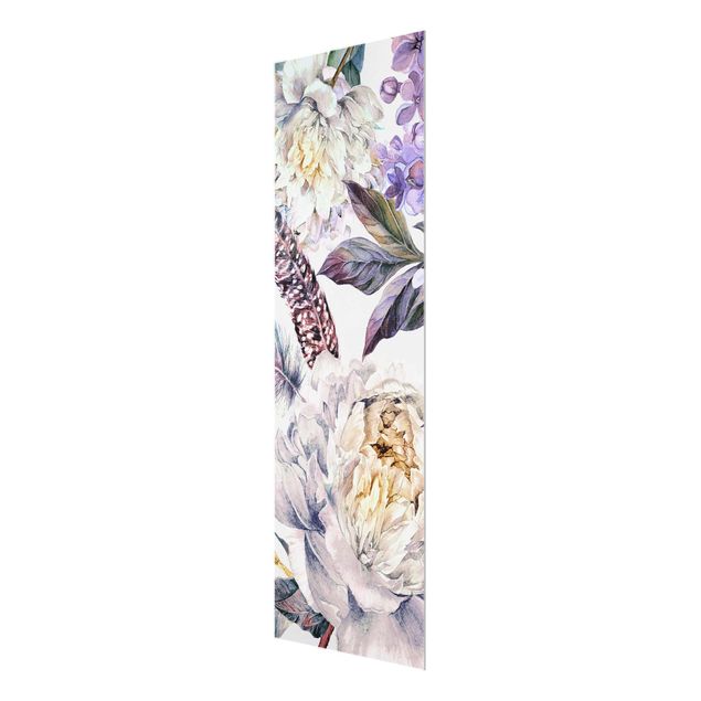 Wandbilder Zartes Aquarell Boho Blüten und Federn Muster