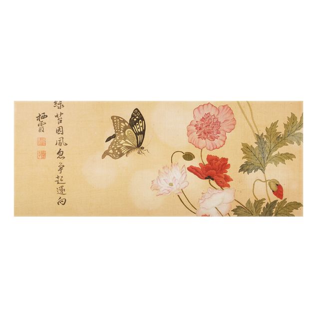 Glasrückwand Küche Yuanyu Ma - Mohnblumen und Schmetterlinge