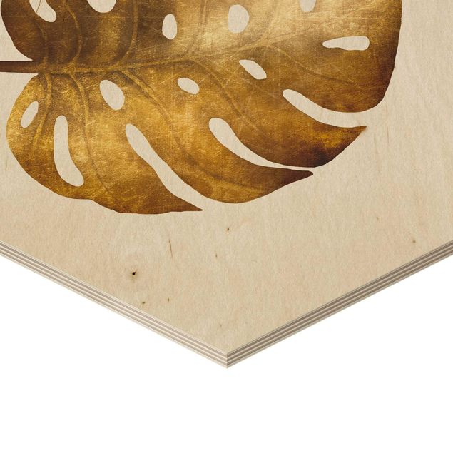 Hexagon Bild Holz - Gold - Monstera
