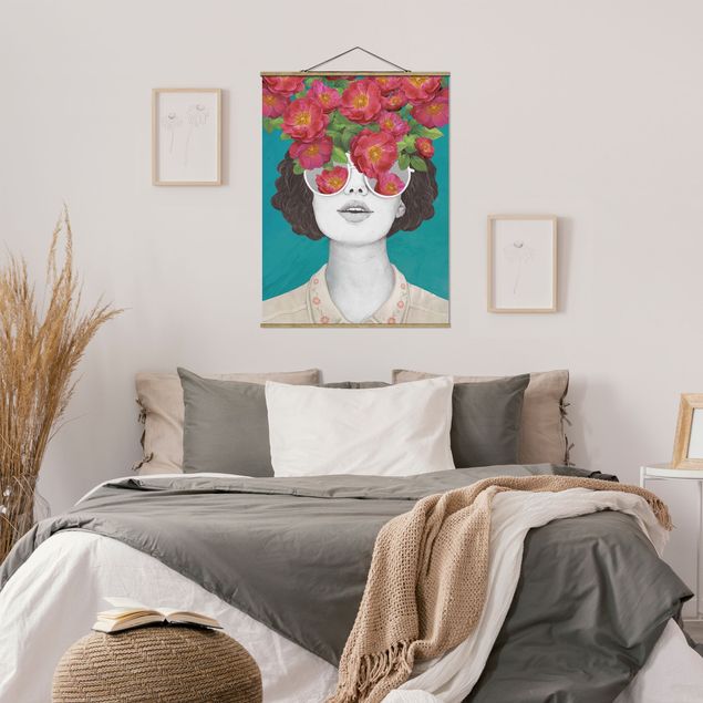 Wandbilder Portrait Illustration Portrait Frau Collage mit Blumen Brille