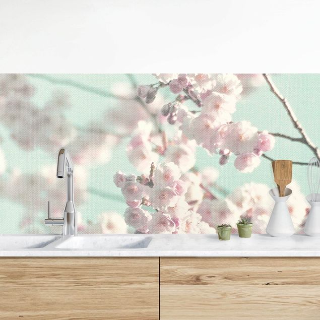 Küche Dekoration Kirschblütentanz auf Leinenstruktur